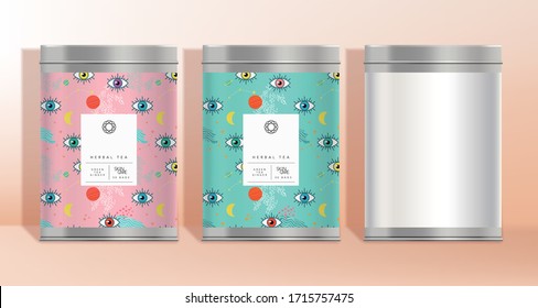 Vector Tin Can Container Packaging with White Wrap Around Label or Eye Pattern Theme