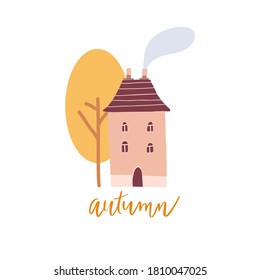 Casa vectorial en el campo con tubos de vapor. Cómoda postal para el otoño