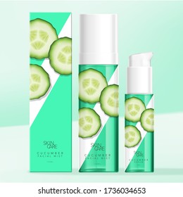 Vector Tinted Green Transparent Plastic or Glass Hair Spray or Body Mist Bottle, Serum Bottle and Carton Box  Packaging. Cucumber Pattern Printed.