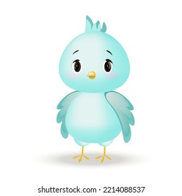 Vector Tiny Blue Bird. Cute Parrot, 3d Cartoon Character.  Kawaii Bird. Suitable For Baby Products, Children's Books, Goods.