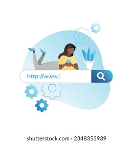 Vector, tiny, dark-skinned woman resting online in smartphone, entering search query www in large browser address bar, looking for information. Internet surfing. Seo optimization with gears. Setting.