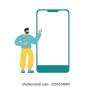 Vector tiny man standing and pointing at big blank smartphone screen. Mobile phone template. Empty cellphone display with copy space. Flat illustration.