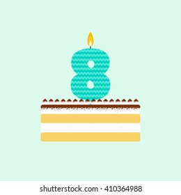 Vector tiramisu birthday cake with a candle number 8 in flat style. Icon of dessert with mascarpone cream and cocoa. For birthday party invitation and cards design. Celebrating the eighth birthday.