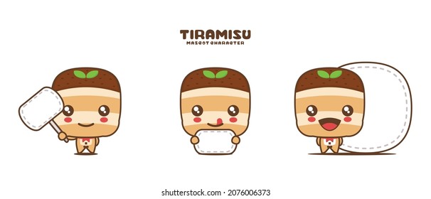 vector tiramisu cartoon mascot ,italian dessert illustration, with blank board banner, isolated on a white background.