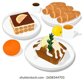 Vetor tiramisu e doces, sobremesa de desenho animado, ilustração.