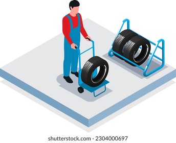 vector tire production isometric composition with industrial equipment for manufacturing and maintenance of 