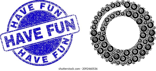 Vector tire rotaion direction icon mosaic is made with scattered recursive tire rotaion direction elements. Have Fun unclean blue round seal imitation. Recursion mosaic of tire rotaion direction icon.
