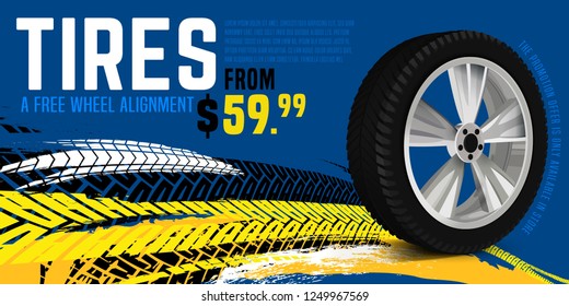 Vector tire sale out banner template. Grunge tire tracks background for landscape poster, digital banner, flyer, booklet, leaflet design. Editable graphic image in blue, white and yellow colors