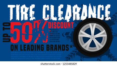 Vector tire sale out banner template. Grunge tire tracks background for landscape poster, digital banner, flyer, booklet, leaflet design. Editable graphic image in blue, white and red colors