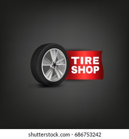 Vector tire shop and service logotype with a car wheel. Beautiful realistic illustration isolated on a dark grey background.