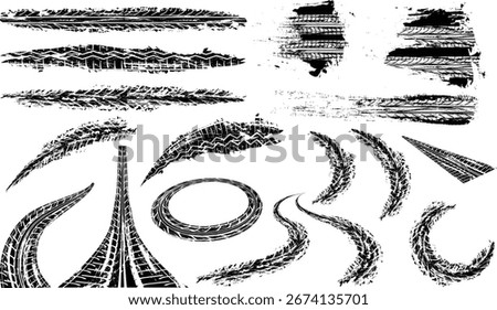 Vector Tire Tracks, Skid Marks, and Drift Patterns for Grunge Automotive Design. racing. motorsport