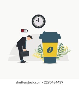 Vector tired businessman with coffee and clock. Coffee break time concept illustration