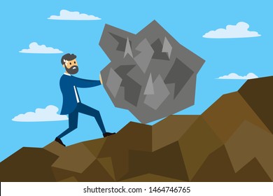 Vector of tired hardworking man climbing mountain and pushing huge rock in front on blue sky background