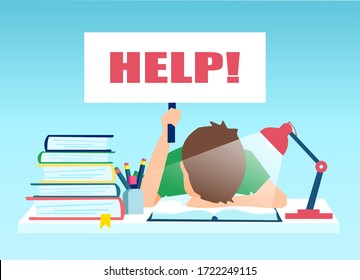 Vector of a tired little boy sitting at the table with pile of books and holding help sign.