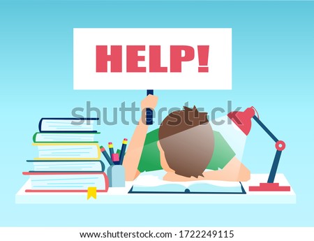 Vector of a tired little boy sitting at the table with pile of books and holding help sign.