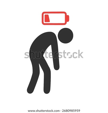 Vector of tired man with low battery charge. Icon of fatigue. Symbol of burnout, overwork.