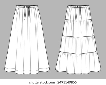 Vector tired maxi skirt fashion CAD, woman bohemian flared skirt with gathering technical drawing, template, flat, sketch. 2 pcs set of jersey or woven fabric skirt with front, back view, white color