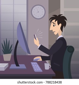 Vector Tired Sad Office Worker With Ringing Phone