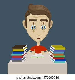 vector tired student with sustaining matches eyes illustration