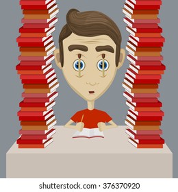 vector tired student with sustaining matches eyes illustration