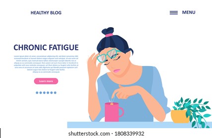 Vector of a tired woman sitting at the table feeling depressed, fatigued or bored 