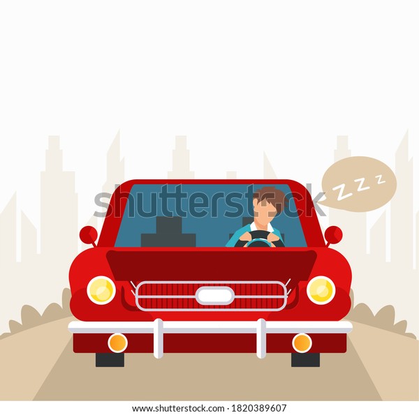 Vector of a tired young driver falling asleep while\
driving his car