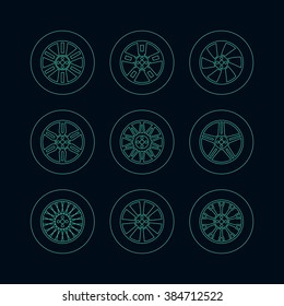 Vector tires icons set. Car wheels collection flat design. Automobile parts collection. Color minimal design of car tyre. Auto sport disk and rubber silhouette. 