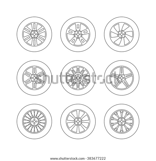 Vector tires icons set. Car wheels collection\
flat design. Automobile parts collection. Gray scale design of car\
tyre. Auto sport disk\
silhouette.