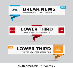 Vector title plate, lower third with paper layer effect, orange, blue, red origami leg on white background. Set of dashboards for name, feed descriptions. News line template, for info on TV channels