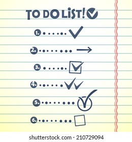 Vector "To do list" with place for text, "tick" and "arrow" on liner paper background 