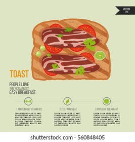 Vector toast bread isolated. Sandwich with bacon and herbs. Quick breakfast icon. Print of food  product infographic. Toast for hamburger.