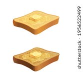 Vector toast with butter piace on top.  Illustration of melting yellow butter on top of slices of hot toasted bread isolated on white