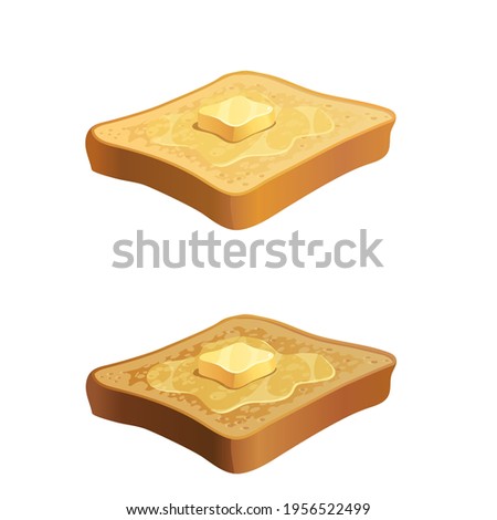 Vector toast with butter piace on top.  Illustration of melting yellow butter on top of slices of hot toasted bread isolated on white