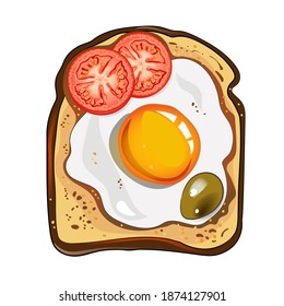 Vector toast with egg, olive and tomatoes. Vegetable toast on grilled bread slice. Open sandwich. Vegan snack food. Vector illustration.