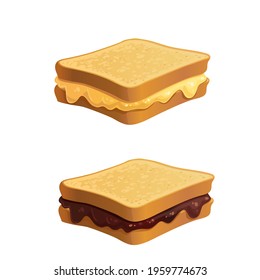 Vector toast sandwiches with cheese and chocolate spread. Set of simple sandwiches with yellow and brown spreads