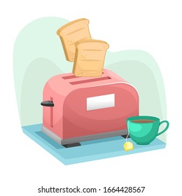 Vector toaster in isometry with pieces of bread flying out of it and a cup of tea.
