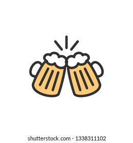 Vector toasting beer glasses, cheers flat color line icon.