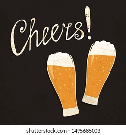 Vector toasting beer glasses with hand written text sign "Cheers!". Retro style poster. Vintage illustration of beer beakers with foam for cards, prints and your own projects. EPS 10.