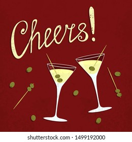 Vector toasting cocktail glasses with hand written Cheers! text sign. Retro poster of mixed alcogolic beverage with set of olives and skewers. Vintage card of classic aperitif for your own projects.