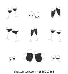 Vector toasting glasses set. Fully editable 9 pairs of clinking glasses with champagne, wine, beer, whisky, cognac and other. Isolated glasswares for cards design and your other own projects.