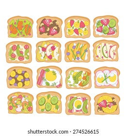 vector toasts with fruits, vegetables, meat, eggs, fish, green salad. Breakfast image.
