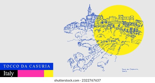 Vector Tocco da Casauria, Pescara, Abruzzo, Southern Italy postcard. Church, castle and vinery landscape drawing. Bright travel sketch. Modern hand drawn touristic poster, wine package illustration