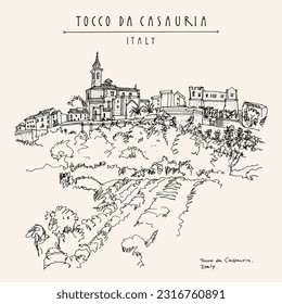 Vector Tocco da Casauria, Province of Pescara, Abruzzo region, Southern Italy hand drawn travel postcard. Church of Saint Eustace, Martyr, and Castello Caracciolo (Caracciolo Castle).  