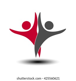 Vector together joined people icon. Red and grey community symbol. Human sign of two partners. Silhouttes of body with transparency shadow. Symbol of succes.
