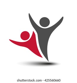 Vector together joined people icon. Red and grey community symbol. Human sign of two partners. Silhouttes of body with transparency shadow. Symbol of succes.
