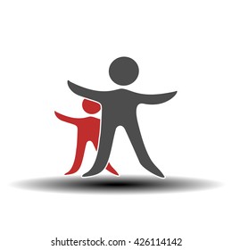 Vector together joined people icon. Red and grey community symbol. Human sign of two partners. Silhouttes of body with transparency shadow. Symbol of succes.
