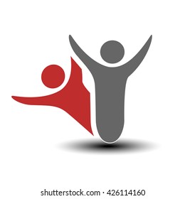 Vector together joined people icon. Red and grey community symbol. Human sign of two partners. Silhouttes of body with transparency shadow. Symbol of succes.
