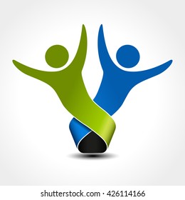 Vector together joined people icon. Green and blue community symbol. Human sign of two partners. Silhouttes of body with transparency shadow. Symbol of succes.
