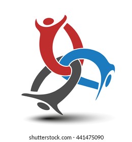 Vector together joined people icon. Red, blue and grey community symbol. Human sign of three partners. Silhouttes of body with transparency shadow. Symbol of success.
