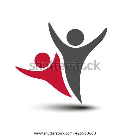 Vector together joined people icon. Red and grey community symbol. Human sign of two partners. Silhouttes of body with transparency shadow. Symbol of succes.
